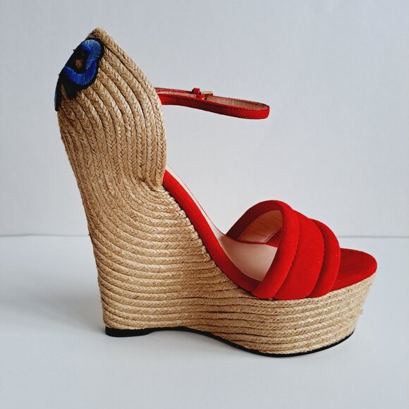 Gucci Red Suede Floral Embroidered Wedge Platform Ankle Strap Size 36.5 - Picture 6 of 16